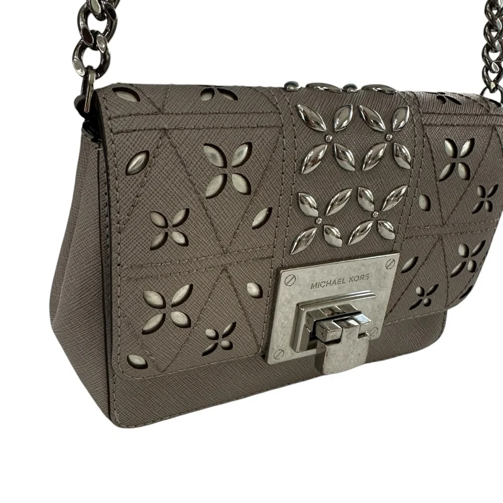 MICHAEL KORS Pearl Grey Tina Clutch Cross Body Leather Handbag